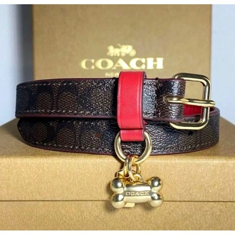 Coach Dog Collar + Apple AirTag Tracker! Brown Red Signature C Size Large - Picture 4 of 10